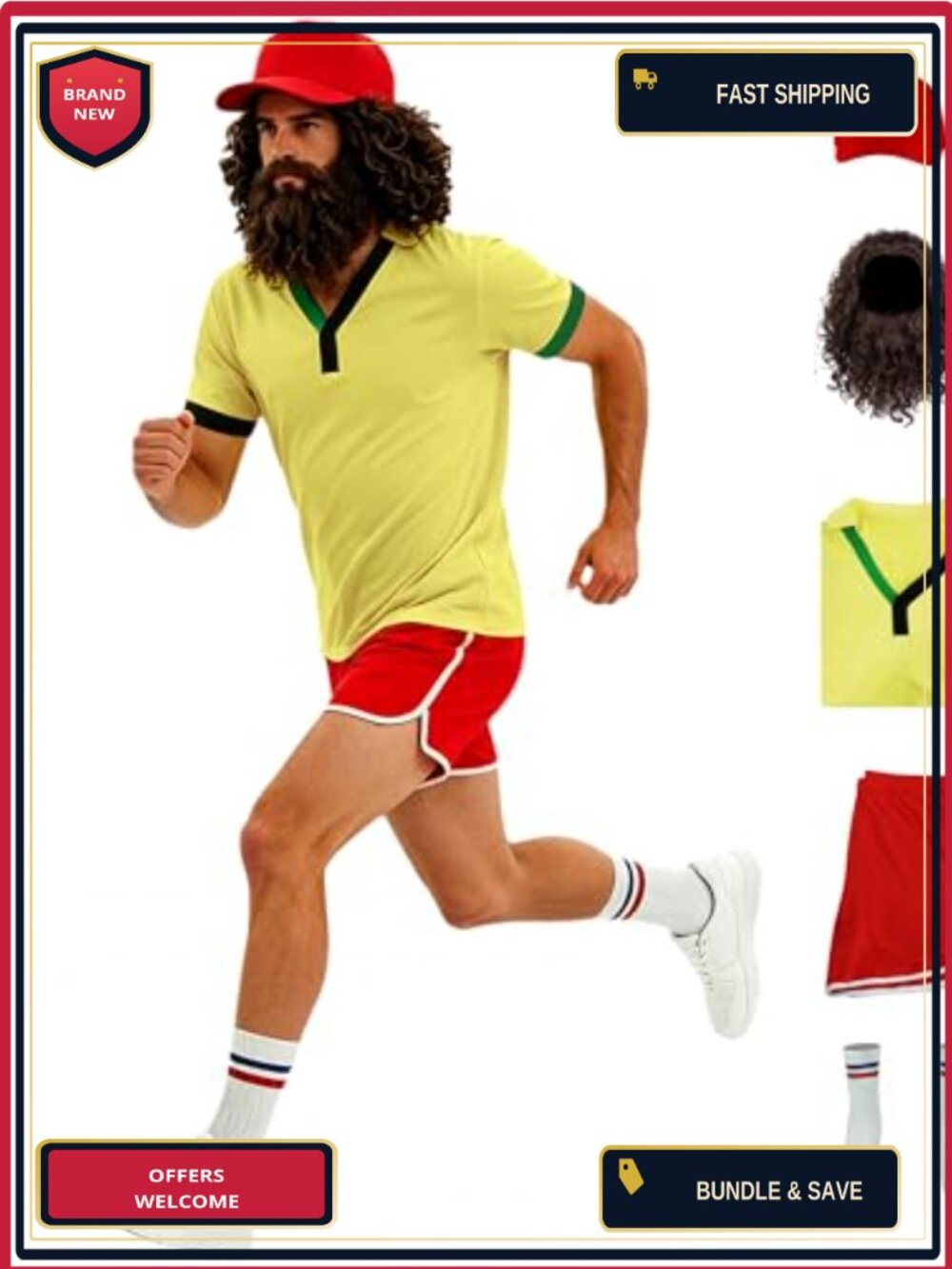 Forrest Gump Running Costume Set Polycotton Polo Shorts Hat Wig Beard